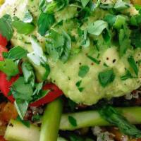 Stuffed Sweet Potato · Grilled onions, peppers, mushrooms, asparagus, wilted spinach, avocado mash, quinoa, chimich...