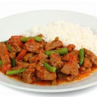 Chili Beef Rice · Fluffy, aromatic riced and tender beef coated in a garlic, soy & chili gravy.