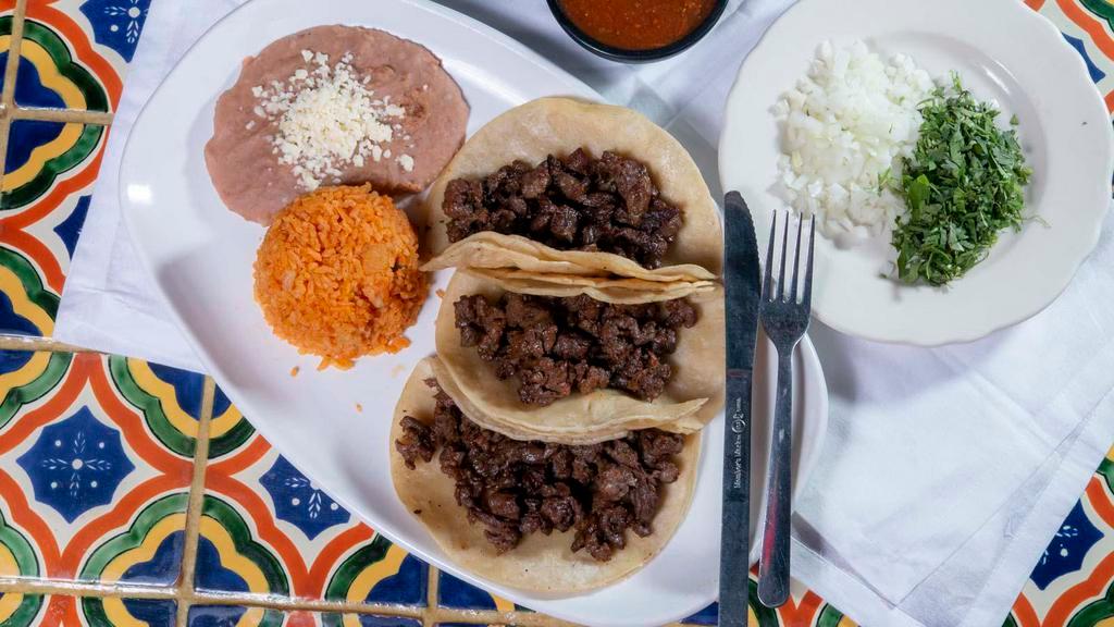 Taco Dinner (3) · Your choice of corn or flour tortillas filled with your choice of meat: ground beef, chicken, pastor, or cecina. Substitute for steak for $1