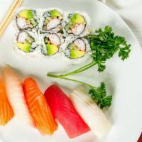 Sushi Lunch · Raw. Chef’s choice Of 5 pieces sushi and California roll.

Consuming raw or undercooked meat...