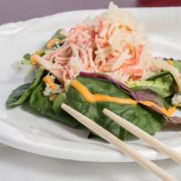 Spicy Krabmeat Salad · Hot & spicy. Shredded krab meat and cucumber  served with spicy mayonnaise topped with crunc...
