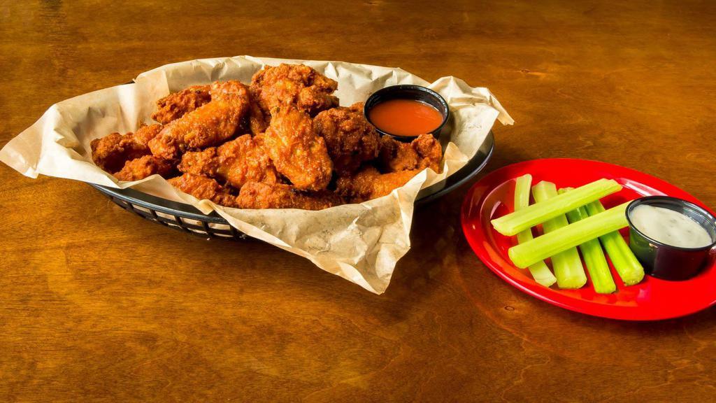 Medium Wings · Breaded with medium spice, served with a sauce of your choice. Additional sauces available: hot, BBQ, spicy BBQ, ranch bleu cheese, honey mustard, & celery.