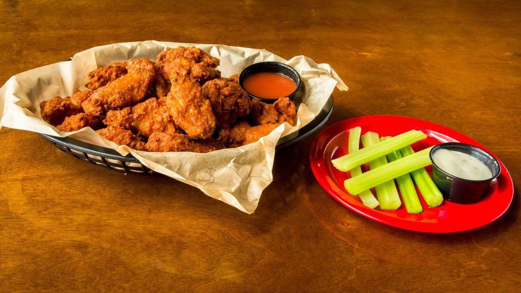 Medium Boneless Wings · Breaded with medium spice, served with a sauce of your choice. Additional sauces available: hot, BBQ, spicy BBQ, ranch bleu cheese, honey mustard, & celery.