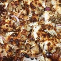 Bbq Chicken · Sweet and smokey BBQ sauce, shredded mozzarella, roasted chicken, red onions, oregano