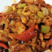Ch10. Kung-Pao Chicken · Spicy. Marinated chicken chunks with green pepper, onion, mushroom water chestnut sauteed in...