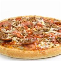 New York Deli Pizza · Pepperoni, salami, spicy Italian sausage, Canadian bacon, lean ground beef and sarpino's  go...