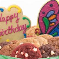 W249. Butterfly And Daisy Birthday Basket · Two specialty cookies along with your choice of cookie tray. A beautifully hand decorated bu...