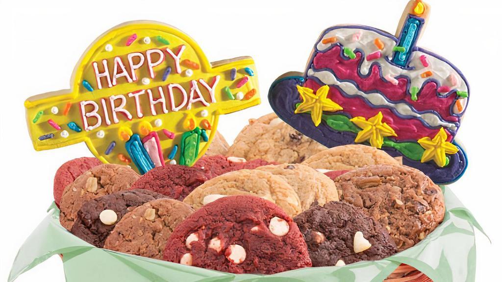 W148. Confetti And Candles Bright Basket · Two specialty cookies along with your choice of cookie basket. Bring sunshine and happiness to someone's special day with this bright and colorful birthday cookie bouquet. Made with sugar cookies, and one dozen gourmet cookies assorted flavors.