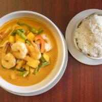 Mango Curry · Mango, green bean, tomato, and bell pepper with coconut milk in red curry sauce.