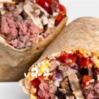 Bbq Bison Cheesesteak Wrap · Organic grass-fed bison, red peppers, red onions, mushrooms, low-fat cheddar, PH BBQ sauce.