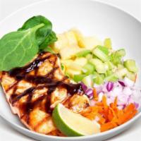 Teriyaki Bowl · Grilled sustainable salmon, pineapple, celery, red onions, spinach, carrots, and house-made ...