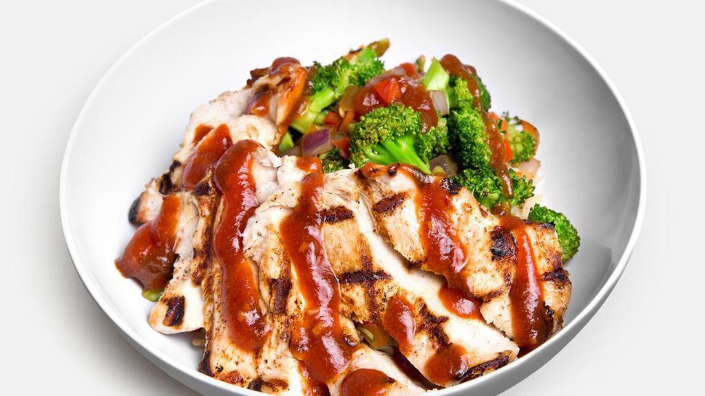Cajun Bbq Bowl · Grilled all-natural Cajun chicken, broccoli, green onions, red peppers, red onions, and PH BBQ sauce. Gluten-free.