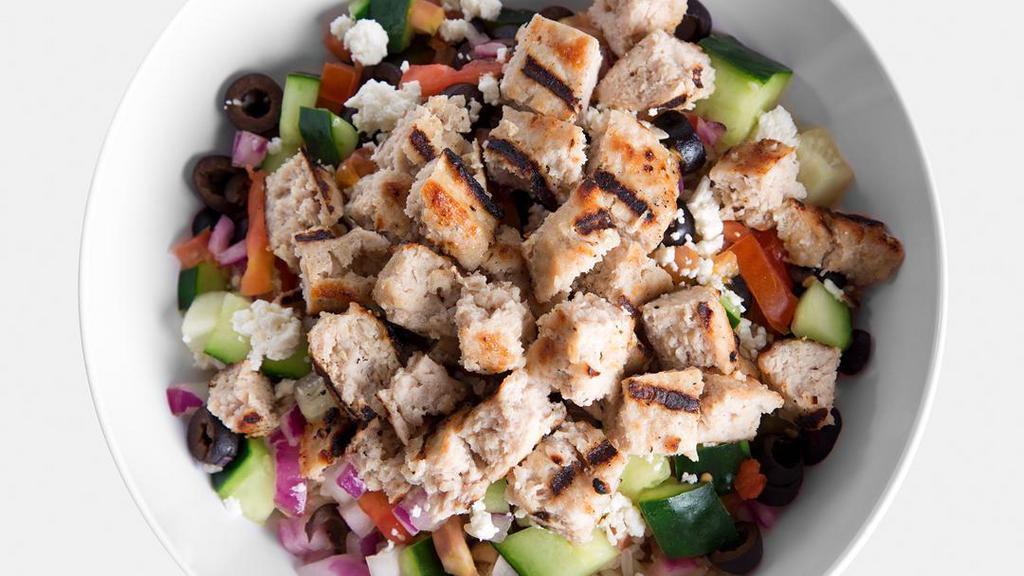 Greek Bowl · All-natural turkey burger, tomatoes, black olives, cucumber, red onions, and feta cheese. Gluten-free.