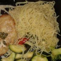 Chicken Piccata · Lemon caper sauce, pasta.