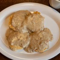 Biscuits & Gravy · Dense flaky pastry. thick savory stock made from meat juice or stock.