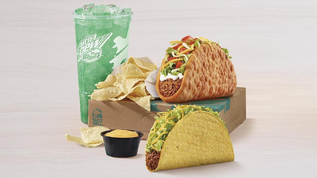 Choose Your Cravings Box · Your choice of a Chalupa Supreme with seasoned beef, Crunchwrap Supreme®, or Cheesy Double Beef Burrito* served with a Crunchy Taco, chips and nacho cheese sauce, and a Medium fountain drink.*As compared to a Crunchy Taco