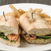 Salmon Sandwich · blackened salmon / onion / spinach / cucumbers / honey dijon / french bread