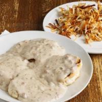 *Biscuits & Gravy · Warm biscuits topped with sausage gravy. Served with hash browns.