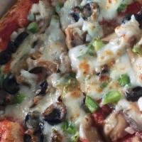 Veggie · Mozzarella cheese, mushrooms, black olives, green peppers, and onions.