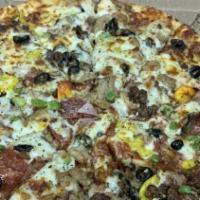 Super Deluxe · Mozzarella cheese, pepperoni, ham bacon ground beef, mild pepper rings, green peppers, mushr...