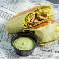 Escalope Chicken Wrap · Thinly sliced spicy almond chicken, tomatoes, lettuce, and Swiss cheese with green sauce.