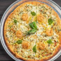 Shrimp Pizza · Artichoke, pesto, shrimp, Parmesan cheese, white garlic sauce.