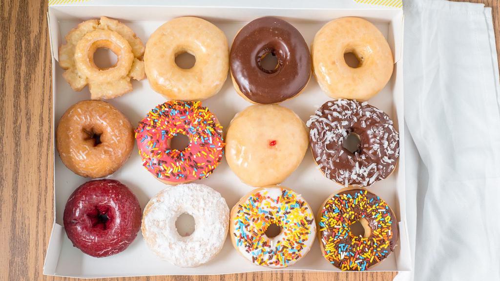 Dozen Regular Donuts · 12 donuts from a selection of raised, cake, and filled options!