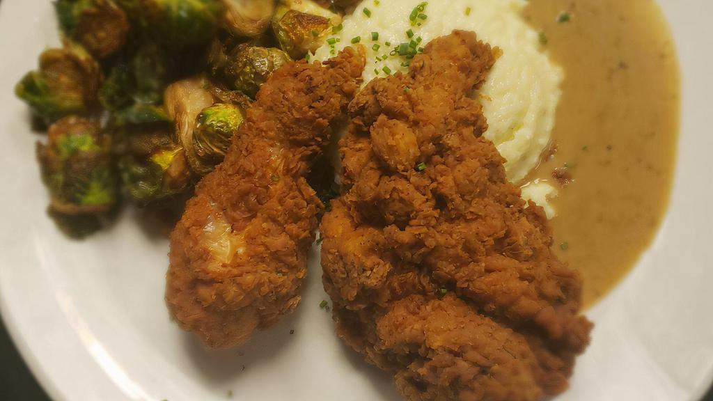 All Natural Fried Chicken · House made fried chicken, white cheddar grits, signature crispy brussels sprouts, with black pepper gravy on the side