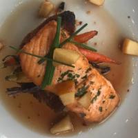 Seared Salmon · Pan-seared salmon filet with glazed heirloom carrots, crispy hash brown, and pear gastrique ...