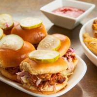Mini Pulled Pork Sandwiches · Hand pulled Hardwood-smoked pork shoulder, bbq sauce, cider mustard, coleslaw, spicy bread a...