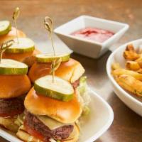 Cheeseburger Sliders · Aged white cheddar, lettuce, dill pickle, vine-ripened tomato, toasted brioche bun.. 12 mini...