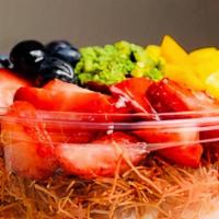 Kunafa Bowl · Custard, shredded pastry dough,strawberry,blueberry,pineapple,pistachio,honey,simple syrup.