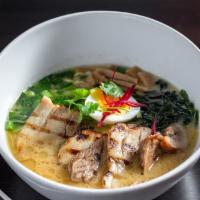 Pork Belly Ramen · Japanese egg noodles, bbq pork belly, flavorful chicken broth (recommended), Napa cabbage, s...