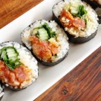 911 Salmon Roll · 5pcs. Salmon, cucumber, cilantro, crunch, homemade 911 sauce (very spicy). (RAW FISH)
