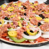 Grand Gourmet Pizza · Pepperoni, mushrooms, ham, peppers, onions, black olives, hot peppers, and bacon piled on fr...
