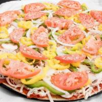 Veggie Delight Pizza · Loaded with mushrooms, green peppers, onions, hot peppers and sliced tomatoes on fresh provo...