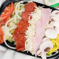 Italian Chef Salad · Mushrooms, ham, onions, provolone cheese, pepperoni, hot pepper rings and sliced tomatoes pi...