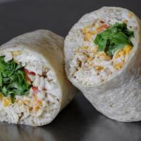 Chipotle Ranch Burrito · Chicken, chipotle ranch, cheddar cheese, rice, romaine lettuce, tomatoes, and onions.