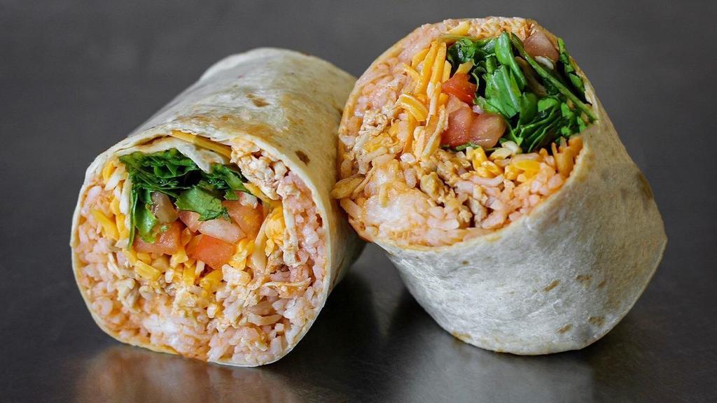 Buffalo Burrito · Buffalo chicken topped with rice, cheese, lettuce, tomatoes, and onions.