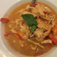 Panang Curry · Panang curry in coconut milk with chicken and pepper. Served with white rice.
