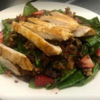 Spinach Salad · Grilled chicken, crispy bacon, fresh spinach tossed with strawberry dressing, candy walnuts ...