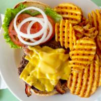 Bacon Cheese Burger · Three slices of bacon, lettuce, onions, tomato, American cheese and mayo.