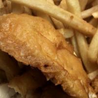 Fish & Chips · Flaky Alaskan cod hand-dipped in batter, deep-fried to a golden brown. With fries for an all...