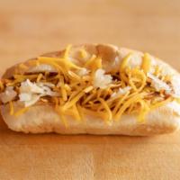 Cheese Coney · Coney topped with Mustard, Carl's Famous Chili, Shredded Cheddar Cheese and Onions.