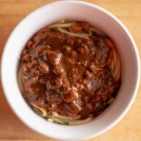 3 Way Spaghetti · Spaghetti topped with Pinto Beans and Carl's Famous Chili.