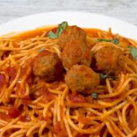 Spaghetti With Meatballs · Fresh spaghetti noodles topped with savory marinara sauce and hearty meatballs, served with ...
