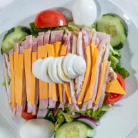 Julienne Salad · Mixed greens, tomato, cucumber, onion, American cheese, Swiss cheese, turkey, ham and boiled...