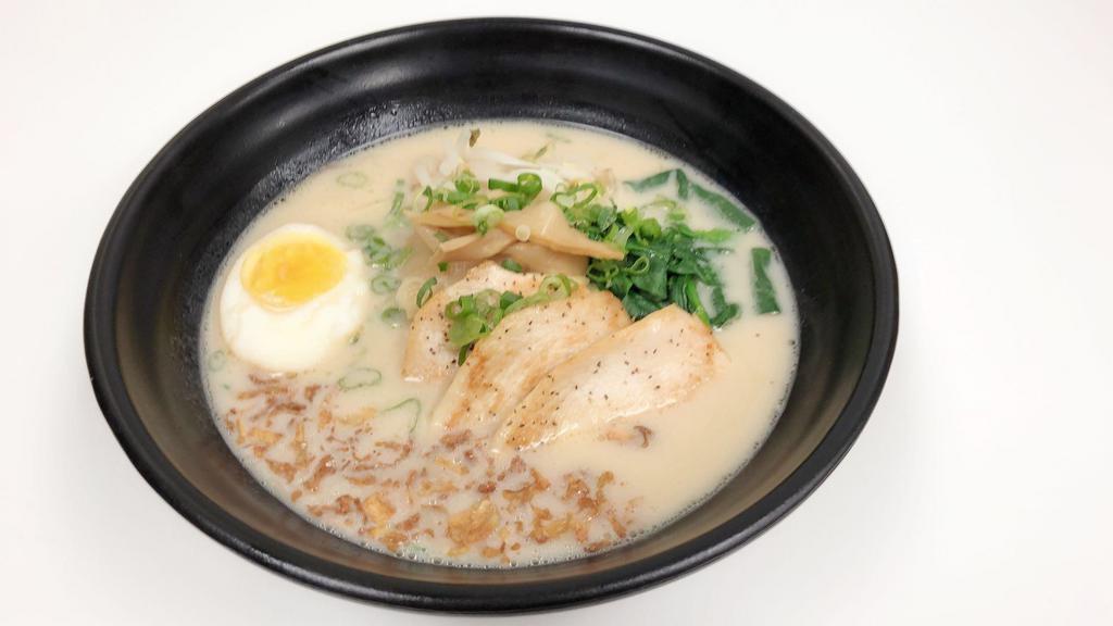 Chicken Ramen · Chicken broth: Topping with grill chicken, bean sprouts, spinach, bamboo shoot, green onion, fried onion, boiled egg.