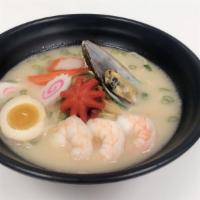 Seafood Ramen · Shio base, pork and chicken broth: Topping with jumbo shrimp, crab meat, mussel. seasoned ba...