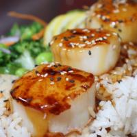 Scallop Teriyaki · Grilled Scallops with freshly squeeze lemon on top.